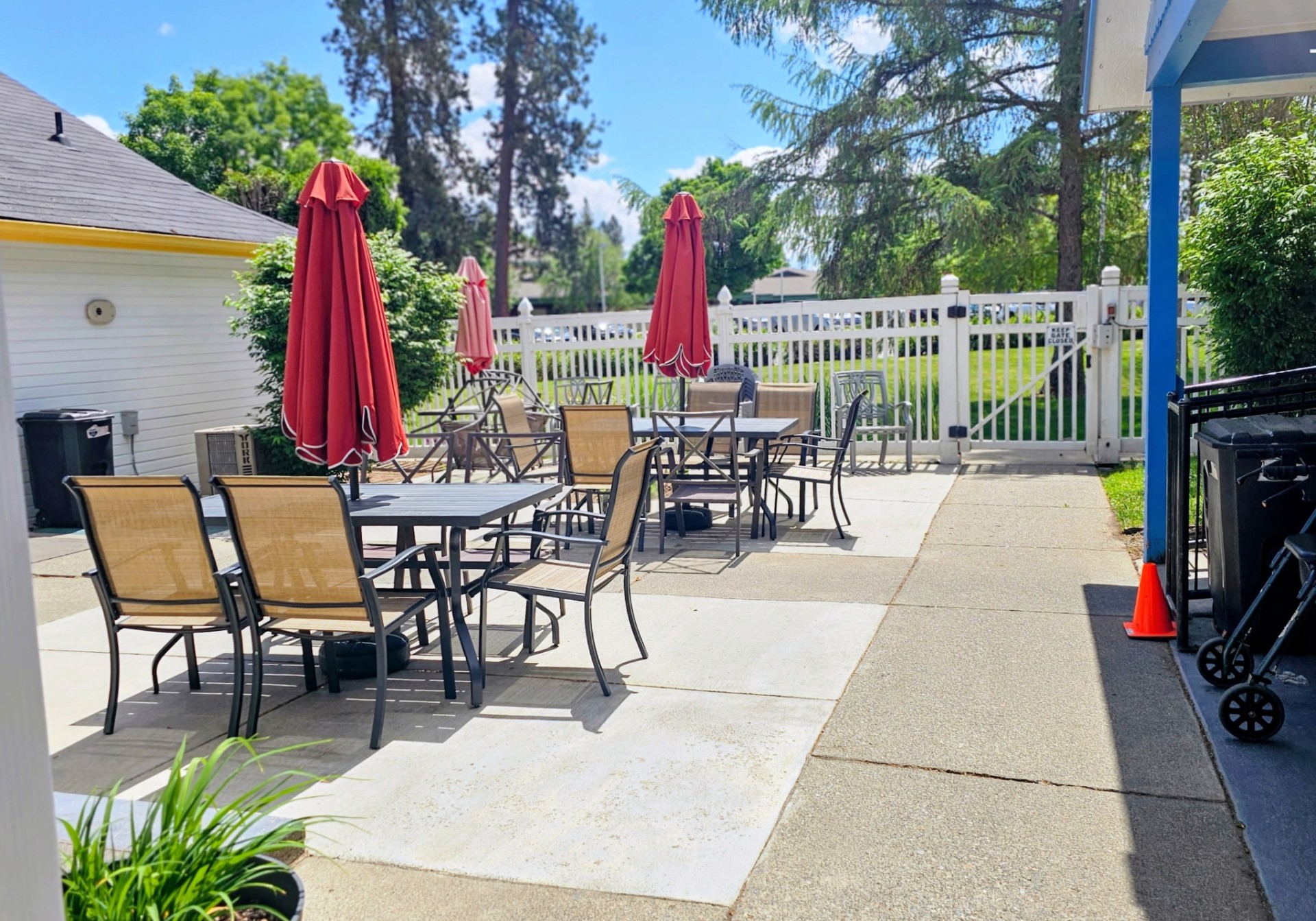 Outdoor patio with shaded tables